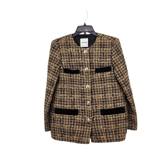 Sandro Women's Round Neck Checked Tweed Blazer - 36 - Picture 1 of 9